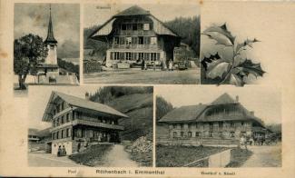 Ansichtskarte «Röthenbach i. Emmental»; Kirche, Käserei, Post, Gasthof Rössli; abgestempelt «RÖTHENBACH (EMMENTHAL), 3.XI.11» und «Signau, 3.XI.11»15.VIII.10»; gelaufen nach Bern