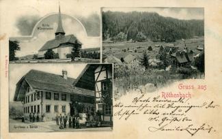 Postkarte «Gruss aus Röthenbach»; Kirche Würzbrunnen, Dorfansicht, Gasthaus z. Bären; abgestempelt «SÜDEREN, 21.VI.01», «THUN, 21.VI.01» und «BURGDORF BAHNHOF», 21.VI.01»; gelaufen nach Burgdorf