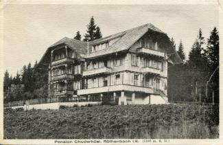 Ansichtskarte «Pension Chuderhüsi, Röthenbach i/E.»; Phot. F. Aeschlimann, Langnau; Besitzer: Familie Jakob, Telephon 4,1; abgestempelt «RÖTHENBACH (EMMENHAL), 4.VIII.26»; gelaufen nach Wien