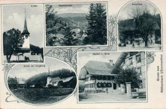 Postkarte «Gruss aus Röthenbach i/Emmenthal»; R. Bürgi, Phot., Biel; abgestempelt «RÖTHENBACH b. SIGNAU, 15.IX.09» und «BATAILLON No 25 FELDPOST»; gelaufen nach Pieterlen bei Biel