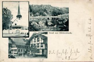 Postkarte «Gruss aus Röthenbach»; abgestempelt «RÖTHENBACH b. SIGNAU, 7.X.05» und «Thun, 7.X.05»; gelaufen nach Grindelwald