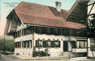 Postkarte «Gruss aus Röthenbach (Emmenthal)»; Gasthof zum Bären. Besitzer: A. Liechti; Schweizer Postkarten-Exporthaus, C. Dierkes, Basel; abgestempelt «RÖTHENBACH b. SIGNAU, 7.V.11»; gelaufen nach Bern