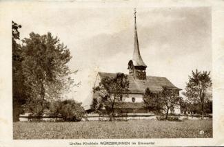 Ansichtskarte «Uraltes Kirchlein WÜRZBRUNNEN im Emmental»; Kupferdruck, Postkartenverlag R. Deyhle & Cie., Bern; Ausgabejahr unbekannt; abgestempelt «Schw Mot-Kan Bttr 6»; gelaufen nach Weinfelden