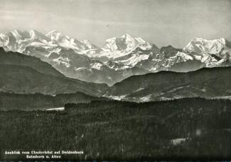 Ansichtskarte «Ausblick vom Chuderhüsi auf Doldenhorn, Balmhorn u. Altels»; Verlag Globetrotter G.m.b.H., Luzern; abgestempelt «RÖTHENBACH (EMMENTAL), 14.VIII.50»; gelaufen nach Birsfelden BL